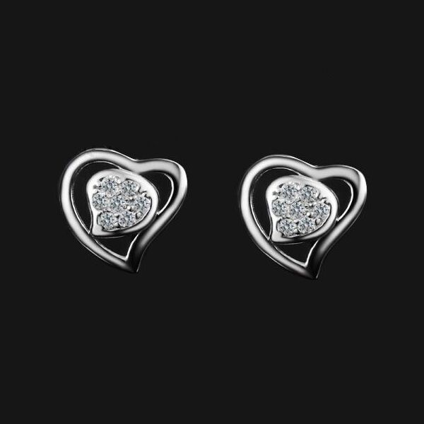 Openwork HEART-Love-Valentine- Solid 925 Sterling silver stud earrings w. CZ-9mm