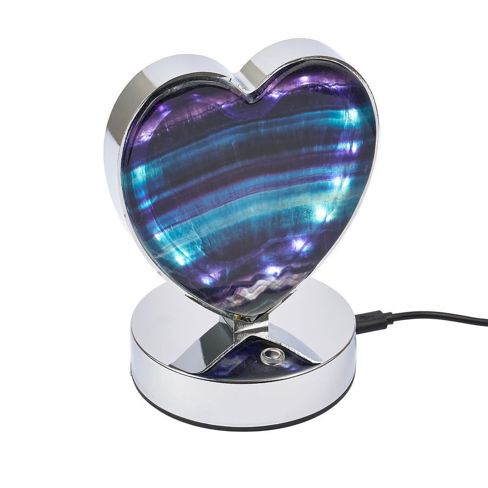 Crystal Fluorite Heart Lamp | Silver Plated USB Light | Genuine Rainbow Fluorite | Gift with COA