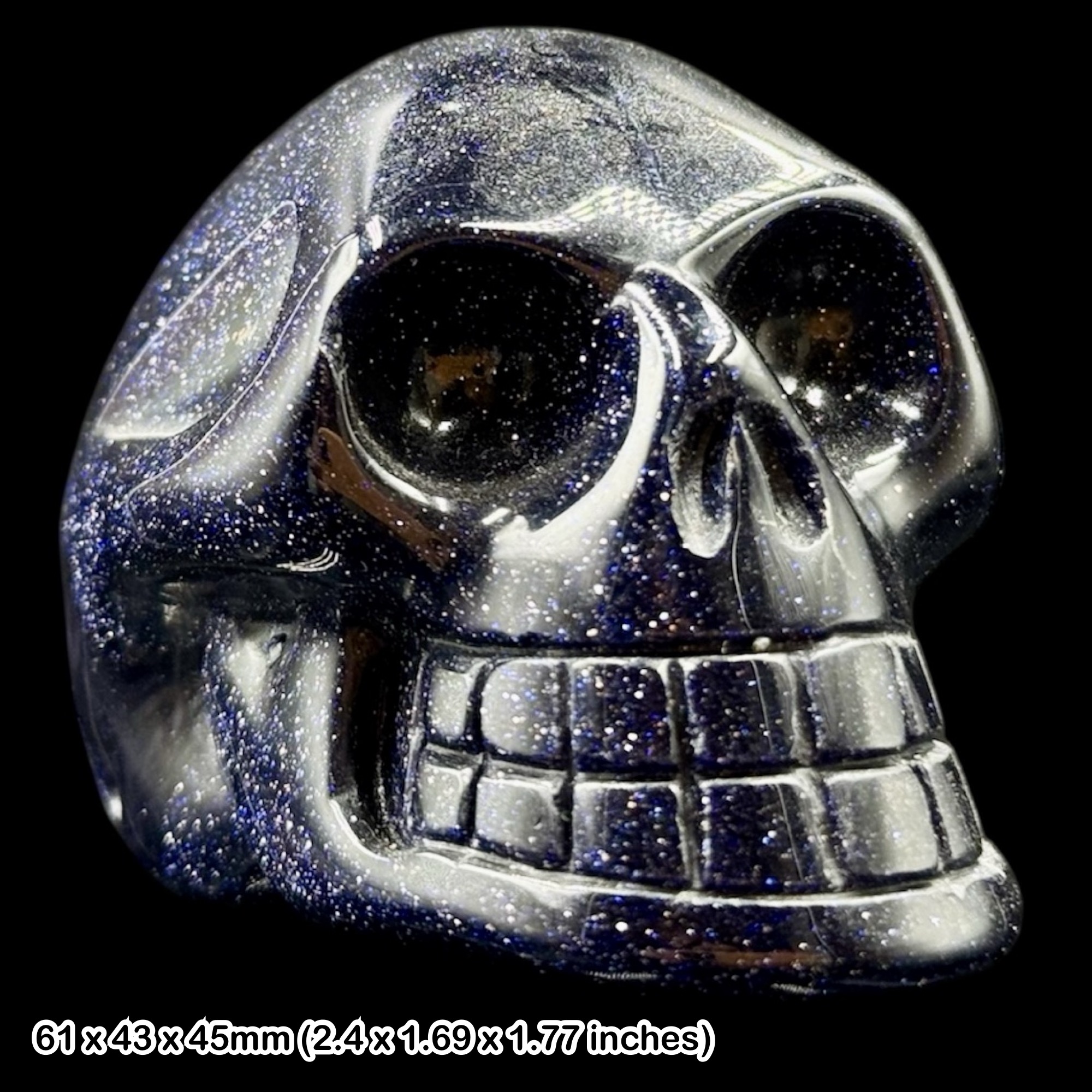 Starstone Skull Carving Genuine Blue Goldstone Style Crystal Sculpture Sparkling Stone With Certificate of Authenticity