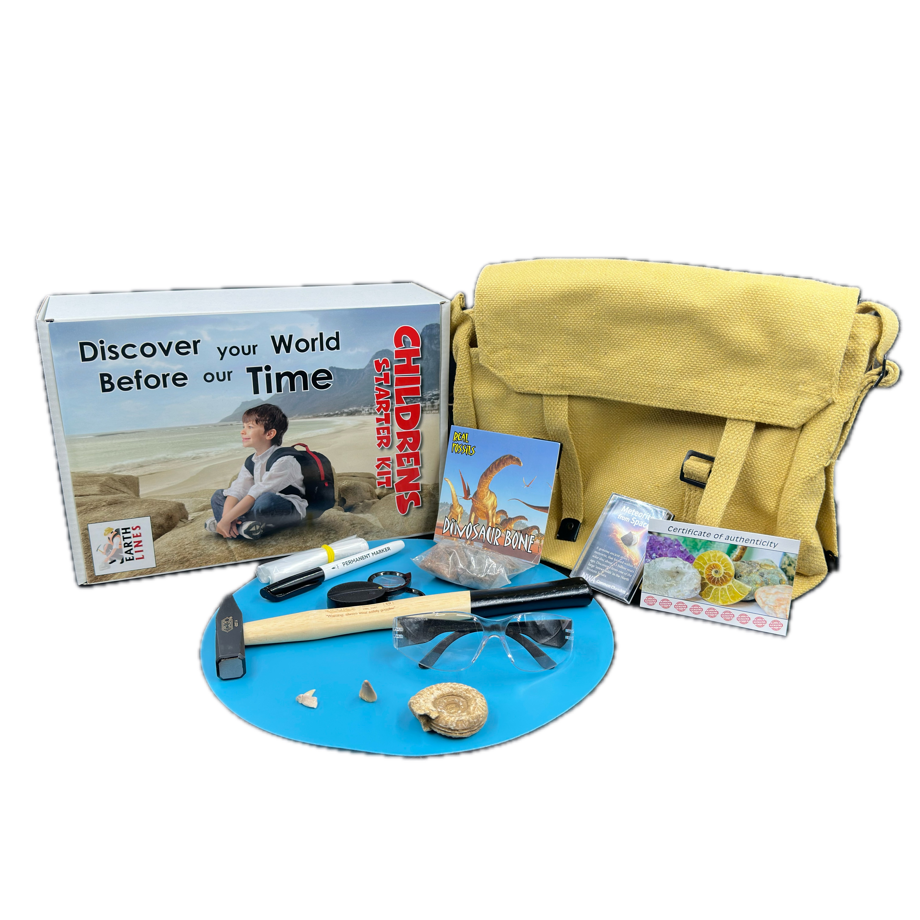 Children's starter pack (in canvas bag) age 5-16 (with 200g hammer) fossil hunting tools