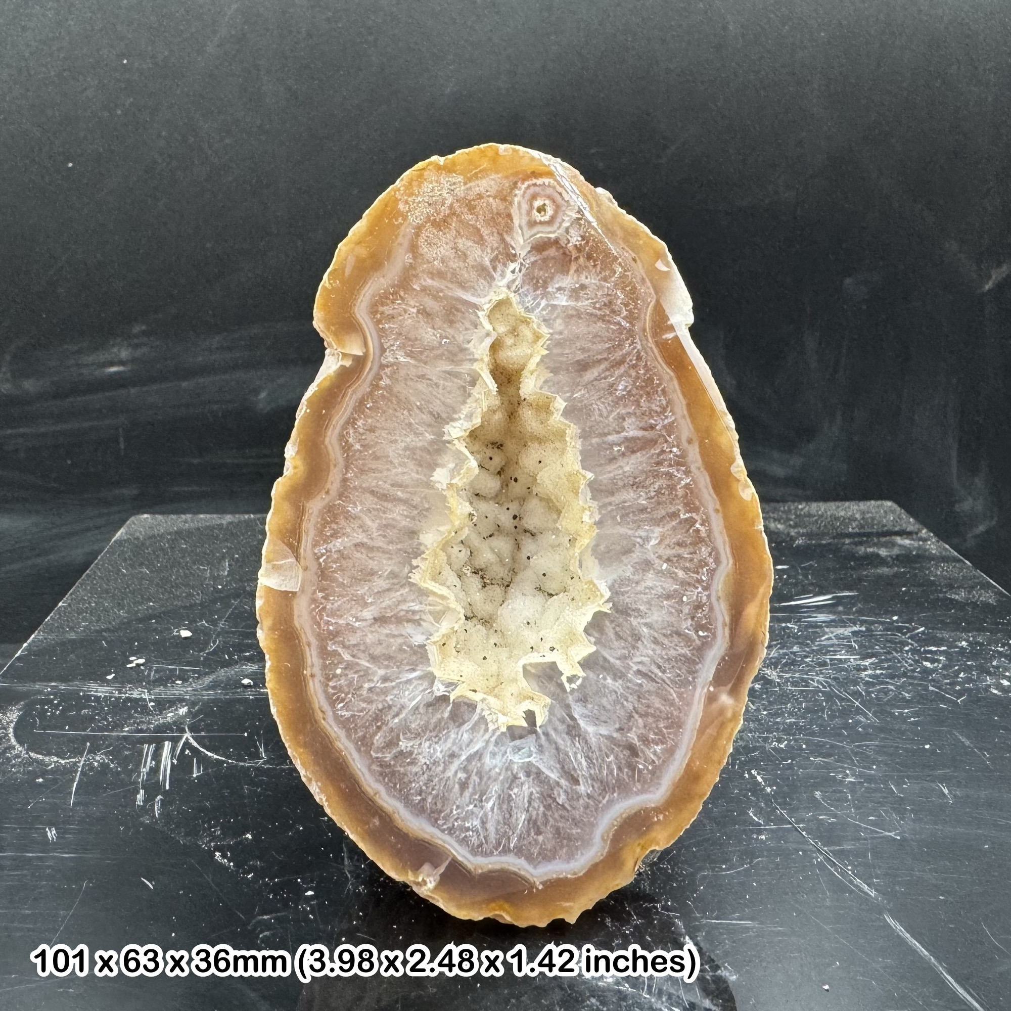 Agate Geode Slice Druzy Centre Natural Banded Chalcedony Quartz Specimen Display Piece with Certificate of Authenticity Genuine Agate